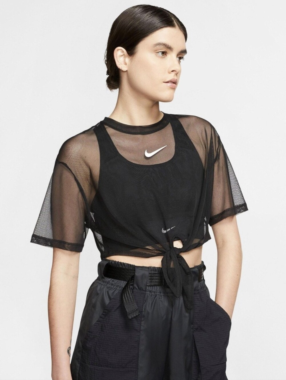 Nike Black Mesh Athletic/Sporty Tie-Front Cropped Tee with White Swoosh (Size S)